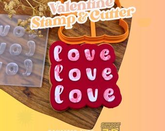 Love Cookie Cutter and Acrylic Stamp Set - 3D Printed Fondant Cutter - Valentine's Day Baking Embosser Sugar Cookies, Biscuits, and Pastries
