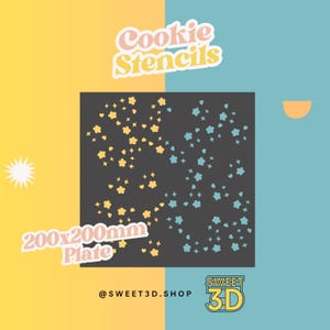 May include: A black cookie stencil plate with a floral design in yellow and blue. The plate is 200x200mm. The words "Cookie Stencils" are at the top, and the Sweet 3D logo is at the bottom. The background is yellow and blue.