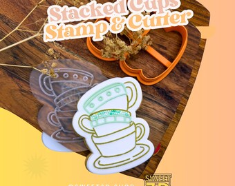 Teacup Cookie Cutter and Acrylic Stamp Set - 3D Printed Fondant Cutter - Vintage Tea Party Baking Embosser for Sugar Cookies, Biscuits