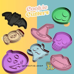 May include: A set of nine Halloween-themed cookie cutters. The cutters are in various colours, including pink, purple, green, blue, and brown. The cutters are shaped like a bat, a spider, a witch's hat, a ghost, a skull, a pumpkin, and a vampire's mouth.