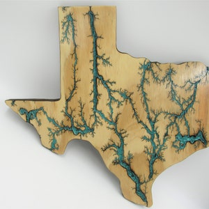 Fractal Art, Wood Art, Lichtenberg, Turquoise Glitter Paint, State of Texas, Veteran Made, Father&#39;s Day