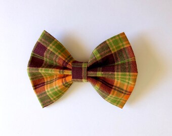 Autumn Fall Plaid Hair Bow and Bow Tie Faux Leather Brother Sister Fall Autumn Bow and Bowtie Autumn Plaid Faux Leather Bows