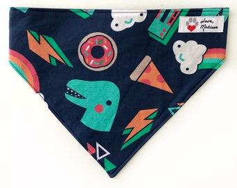 Retro 80s Dog Bandana, Summer Bandana, Pizza, Dinosaur, Rainbow, Cassette Tape, Donut, Dog Collar Bandana, Boy Dog Bandana