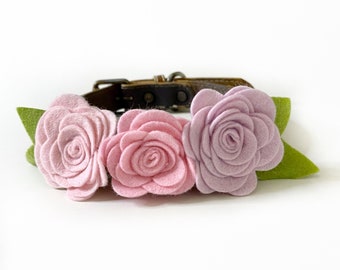 Dog Collar Flowers, Wool Felt Flowers for Dog Collar, Wedding Dog Collar Accessory, Pink and Lavender Roses for Girl Dog Collar