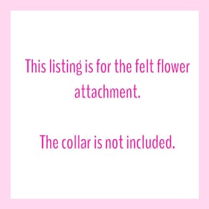 May include: Text on a pink background reads: "This listing is for the felt flower attachment. The collar is not included." The text is in a pink font.