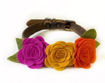 Felt flower fall wedding dog collar accessory. Three flowers that attach to collar, puppy neck wear accent. Cat collar fancy floral accent.