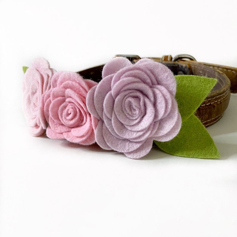 Puede incluir: Un collar de perro de cuero marr&oacute;n adornado con tres rosas de fieltro en tonos rosa y lavanda, con hojas de fieltro verde. El collar tiene una hebilla de metal.