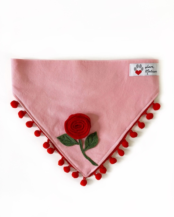 Red Rose Dog Bandana: Felt Appliqué, Pom Trim Valentine Pet Bandana