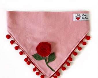 Red rose Valentine’s Day dog and cat bandana. Fancy floral pet scarf with snap, tie on or over the collar option.