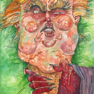 May include: A watercolour painting of a person wearing a yellow hat and a red hand holding a melting ice cream cone. The person has a large, exaggerated face with a wide mouth and a furrowed brow. The background is a green and white abstract pattern.