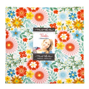 May include: A white fabric with a floral pattern featuring red, pink, yellow, and blue flowers. The fabric is labeled "Frankie BasicGrey" and "moda fabrics + supplies".