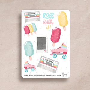 Planner Sticker RETRO 80er | Handgezeichnete Aufkleber Kalender, Briefe, Journal | Disco, Mixtape, Polaroid, Eis, Cassette, Rollschuhe