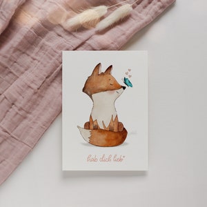 Postcard Fox Love you A6 Watercolor illustration, greeting card birthday, love, Mother's Day, birthday card, children's room pictures image 1