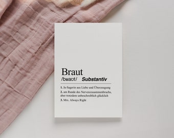 Postkarte Definition Braut A6 | Karte zur Hochzeit, Karte Brautpaar, Geschenk Hochzeit, Geschenk JGA, Karte mit Spruch Hochzeit