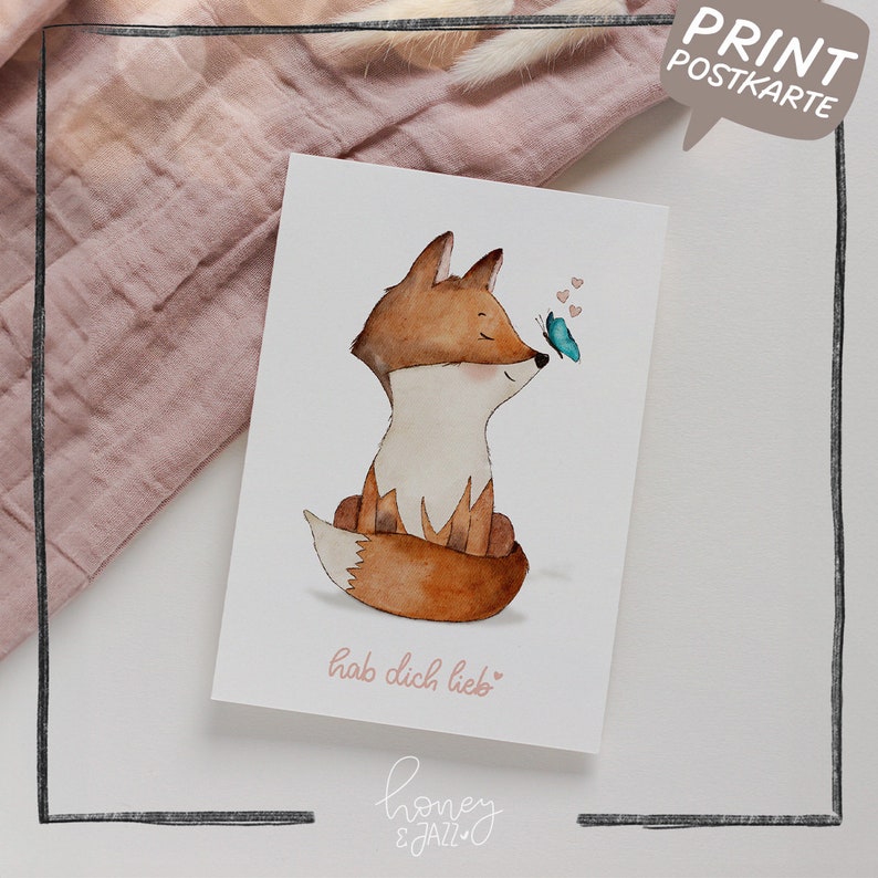 Postkarte Fuchs "Hab dich lieb" A6 Handgemalte Watercolor Illustration