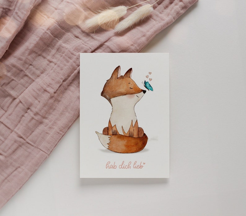 Postcard Fox Love you A6 Watercolor illustration, greeting card birthday, love, Mother's Day, birthday card, children's room pictures image 1