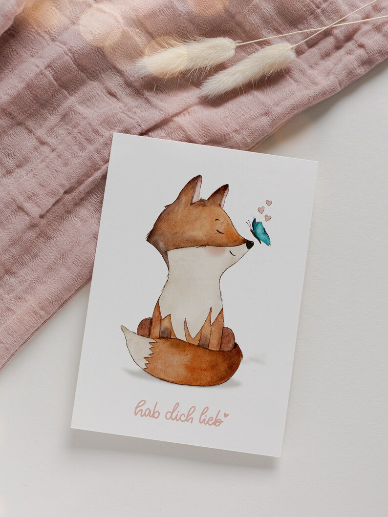 Postkarte Fuchs "Hab dich lieb" A6 Handgemalte Watercolor Illustration