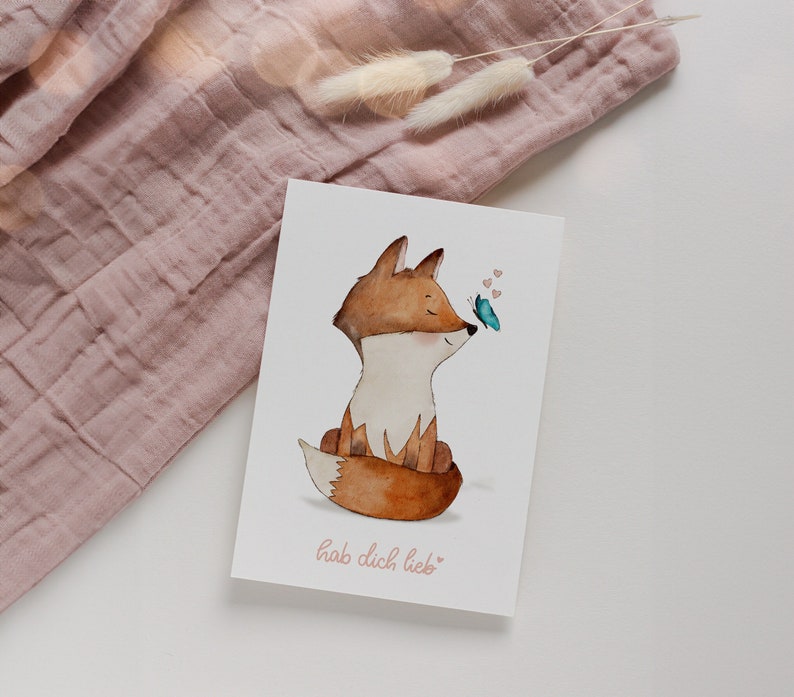 Postkarte Fuchs "Hab dich lieb" A6 Handgemalte Watercolor Illustration