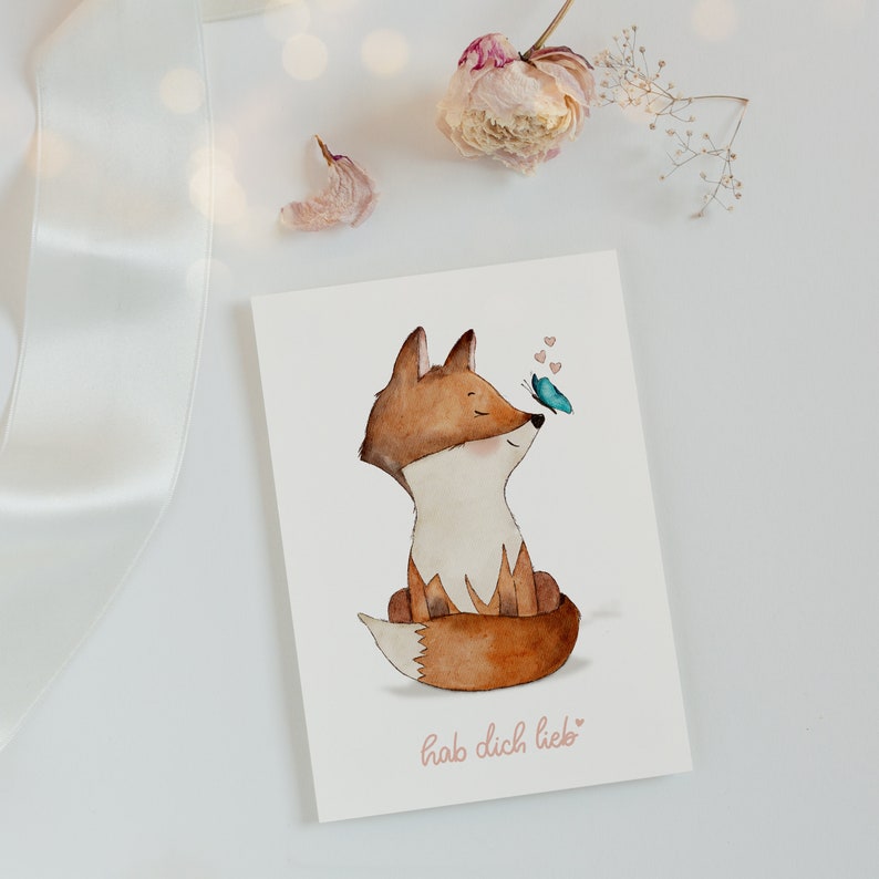 Postcard Fox Love you A6 Watercolor illustration, greeting card birthday, love, Mother's Day, birthday card, children's room pictures image 9