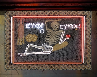 Neon Skeleton Sign - "Be cheerful, enjoy your life" Ancient Mosaic Print Neon Sign