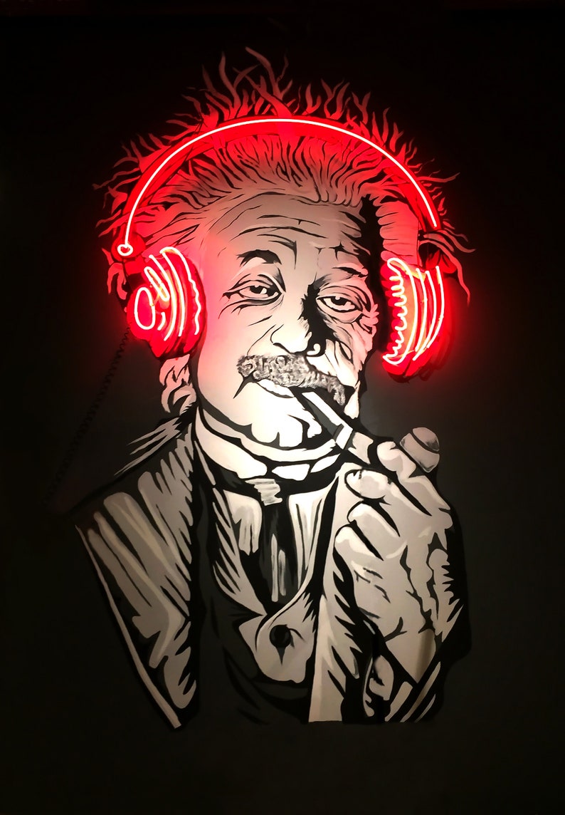 May include: A black and white illustration of a man with a mustache wearing headphones with red neon lights. The man is holding a cigarette in his hand.