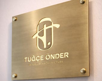 Custom Brass Office Sign – Brushed Brass Wall Logo – Interior Architecture Office Plaque – Modern Metal Business Sign