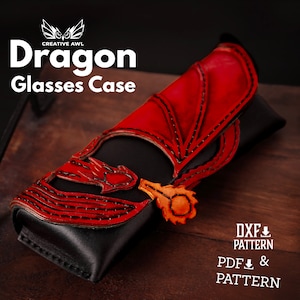 May include: A red leather glasses case with a dragon design. The case is closed and has a flap with a dragon head on it. The case is on a wooden surface.  DXF PATTERN & PDF PATTERN
