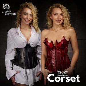 Könnte beinhalten: Zwei Frauen sind abgebildet, jede trägt ein Korsett. Eines ist schwarz, das andere rot. Das schwarze Korsett wird über einem weißen Hemd getragen. Das rote Korsett hat ein einzigartiges, gezacktes Design. Das Bild enthält Text "DXF Pattern & PDF Pattern" und "Creative Awl Corset."