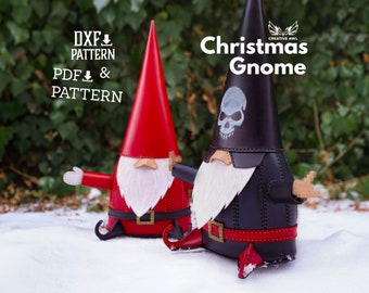 May include: Two Christmas gnomes, one red and one black, with white beards and hats. The black gnome has a skull design on its hat. The gnomes are sitting in the snow. The text "Christmas Gnome" is written above the gnomes. The text "DXF PATTERN PDF & PATTERN" is written in the top left corner of the image.