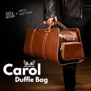 May include: A brown leather duffle bag with a rectangular shape and a top handle is held by a person. The bag has a front pocket with a zipper and gold-coloured hardware. The text "Carol Duffle Bag" is displayed at the bottom of the image.