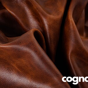 May include: Close-up of a rich brown leather with a textured surface. The leather has a warm, cognac color.