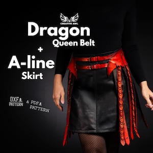 May include: A black A-line skirt and Dragon Queen belt with red accents. The belt has a buckle and decorative elements. The image also includes the text "Dragon Queen Belt + A-line Skirt".