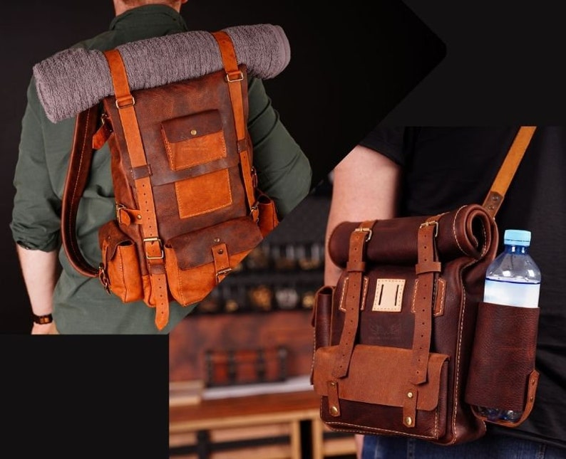 May include: Two leather backpacks with adjustable straps. The larger backpack has a brown and orange color scheme and a roll-top closure. The smaller backpack has a brown and dark brown color scheme and a water bottle holder.