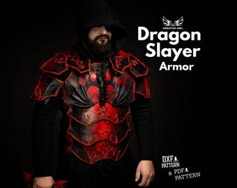 May include: A person wearing a black hooded cloak and red and black leather armor with a dragon design. The text "Dragon Slayer Armor" is in white letters on a black background. The text "DXF & PDF PATTERN & PDF PATTERN" is in white letters on a black background.
