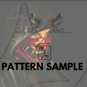 K&ouml;nnte beinhalten: Ein digitales Muster f&uuml;r eine rote und schwarze Maske mit einem grimmigen Ausdruck. Das Muster ist mit "PATTERN SAMPLE" beschriftet und enth&auml;lt ein PDF-Symbol. Das Muster ist von einem grauen Hintergrund mit einem gepunkteten Rand umgeben.
