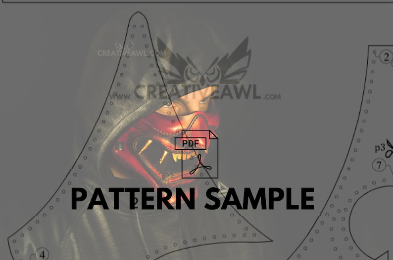 K&ouml;nnte beinhalten: Ein digitales Muster f&uuml;r eine rote und schwarze Maske mit einem grimmigen Ausdruck. Das Muster ist mit "PATTERN SAMPLE" beschriftet und enth&auml;lt ein PDF-Symbol. Das Muster ist von einem grauen Hintergrund mit einem gepunkteten Rand umgeben.