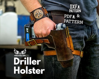 PDF i DXF Kabura skórzana Driller - Wzór skórzanej bransoletki magnetycznej - Szablon PDF ze skóry - Wzór kabury elektrycznej Scredriver