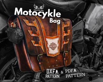 May include: A brown leather motorcycle bag with a stitched design and metal accents. The bag is attached to a motorcycle with a black seat and chrome accents. The bag has a Harley Davidson logo on the front. The text "Motorcycle Bag" is at the top of the image. The text "DXF PATTERN & PDF PATTERN" is at the bottom of the image.