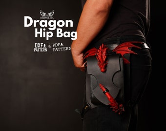 May include: A black leather hip bag with a red dragon design. The bag is worn on a person's hip and has a strap that goes around the waist. The bag has a flap that closes with a buckle. The bag is made of leather and has a red dragon design on the front. The bag is a DIY project and includes DXF and PDF patterns.