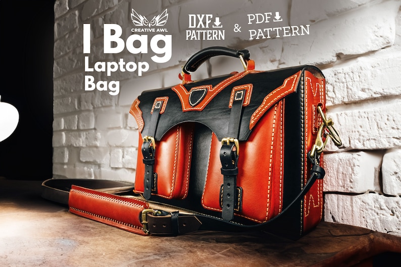 May include: A handcrafted leather laptop bag in black and red, featuring a handle, shoulder strap, and multiple compartments. The bag has gold-colored hardware and white stitching. The text "I Bag Laptop Bag" is visible.