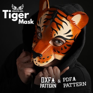 PDF & DXF Leather Tiger Mask Pattern, 3 sizes, Leather Mask pattern, Leather Halloween Pattern, Leather Patterns, Leather Pdf Template