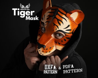 PDF & DXF Leather Tiger Mask Pattern, 3 sizes, Leather Mask pattern, Leather Halloween Pattern, Leather Patterns, Leather Pdf Template