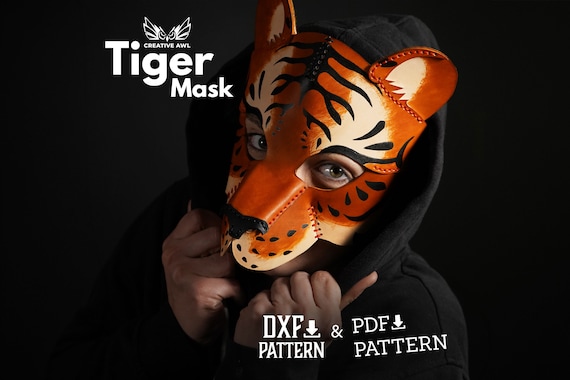 PDF & DXF Leather Tiger Mask Pattern, 3 sizes, Leather Mask pattern, Leather Halloween Pattern, Leather Patterns, Leather Pdf Template