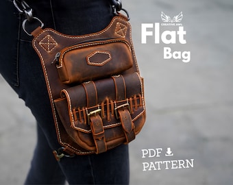 May include: A brown leather flat bag with multiple pockets and buckles. The bag is worn on the hip and has a strap that goes over the shoulder. The text "Flat Bag" is visible in the image.