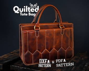 Puede incluir: Un bolso tote de cuero marrón con un diseño acolchado y herrajes dorados. El bolso tiene un asa superior y el texto "DXF PATTERN & PDF PATTERN" está impreso en la parte inferior de la imagen.