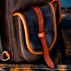 May include: Close-up of a brown leather backpack with a dark brown leather pocket and orange stitching. The pocket has a brown leather strap with a buckle.