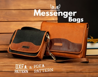 May include: Two leather messenger bags, one black and one brown, with a brown leather flap and a strap. The bags are on a wooden surface with the text "Messenger Bags" and "DXF & PDF PATTERN" below them.