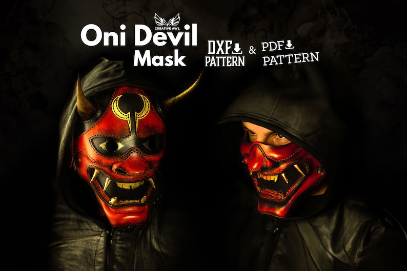 K&ouml;nnte beinhalten: Rote und schwarze Leder-Oni-Teufelmaske mit goldenen Akzenten. Die Maske hat H&ouml;rner, einen breiten Mund und ein Halbmond-Design auf der Stirn. DXF- und PDF-Muster zum Download.