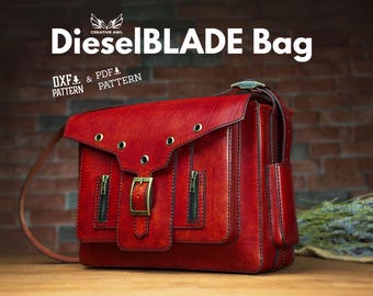 May include: Red leather bag with a flap closure, two front pockets, and a zipped pocket on the side. The bag has a strap and the text "DieselBLADE Bag" and "DXF & PDF PATTERN" is printed on the top.