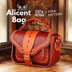May include: A brown leather bag with a top handle and a shoulder strap. The bag has a flap with a buckle closure and decorative stitching. The bag is labelled "Alicent Bag" and "DXF & PDF PATTERN".
